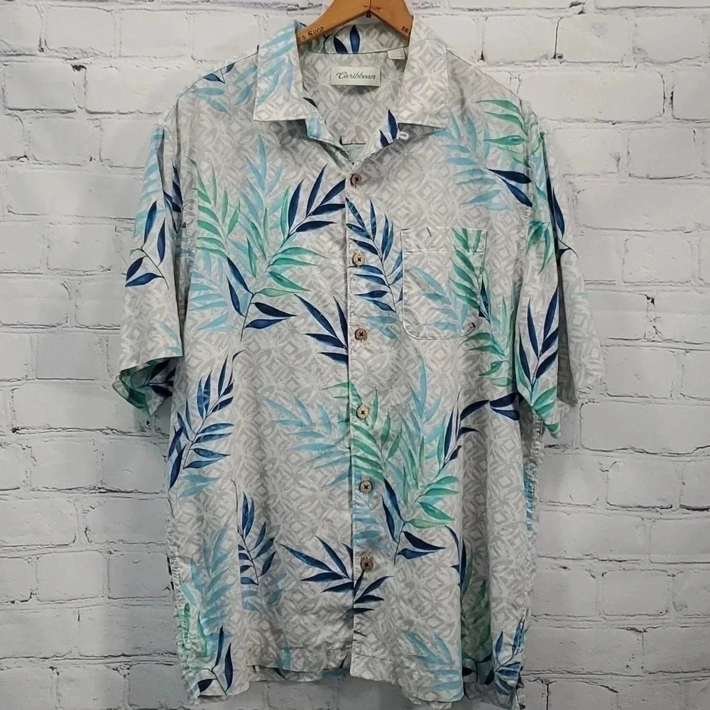 Caribbean Mens Sz L Washable Hawaiian Button Down Shirt
